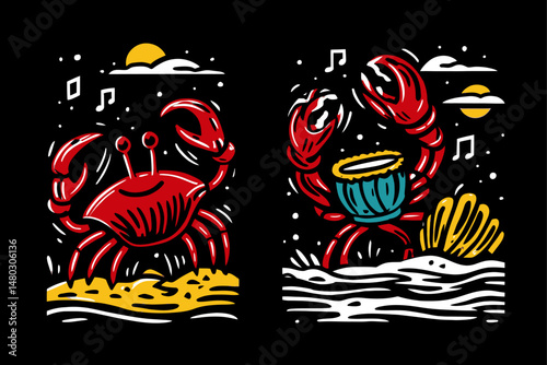 Vibrant Crab Illustrations with Musical Elements and Beach Scene