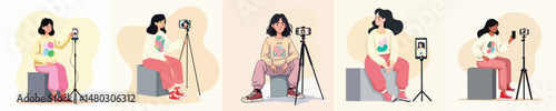 Cartoon Young Woman Content Creator Sitting and Recording Video with Smartphone on Tripod – Female Vlogger Concept for Social Media, YouTube, and Influencer Lifestyle