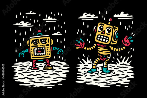 Colorful Robot Illustration with Rainy Background and Playful Design