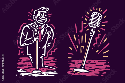 Colorful Retro Illustration of a Singer with Microphone and Sound Waves
