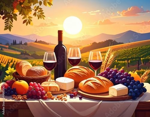 Guests gather to enjoy food, wine, and laughter as the sun sets on a warm summer day.