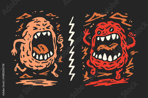 Dynamic Illustration of Two Expressive Monsters in Vibrant Colors