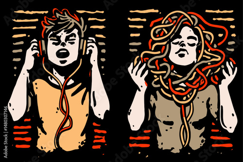 Artistic Illustration of Two Figures Enjoying Music with Headphones