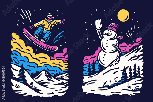 Vibrant Winter Sports Illustration Featuring Snowboarder and Snowman
