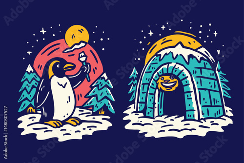 Colorful Penguin Illustration with Igloo and Winter Landscape Scene