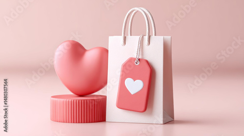 Pink heart shaped object and gift bag with heart tag create romantic atmosphere
