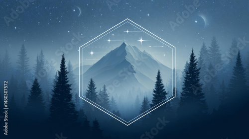 Serene mountain landscape with mystical atmosphere, featuring dark trees and starry sky