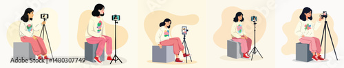Cartoon Young Woman Content Creator Sitting and Recording Video with Smartphone on Tripod – Female Vlogger Concept for Social Media, YouTube, and Influencer Lifestyle