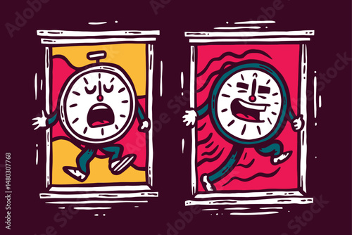 Whimsical Illustration of Running Clocks in Colorful Frame Style