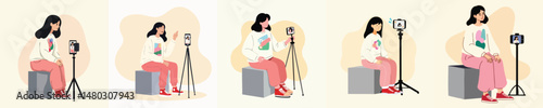 Cartoon Young Woman Content Creator Sitting and Recording Video with Smartphone on Tripod – Female Vlogger Concept for Social Media, YouTube, and Influencer Lifestyle