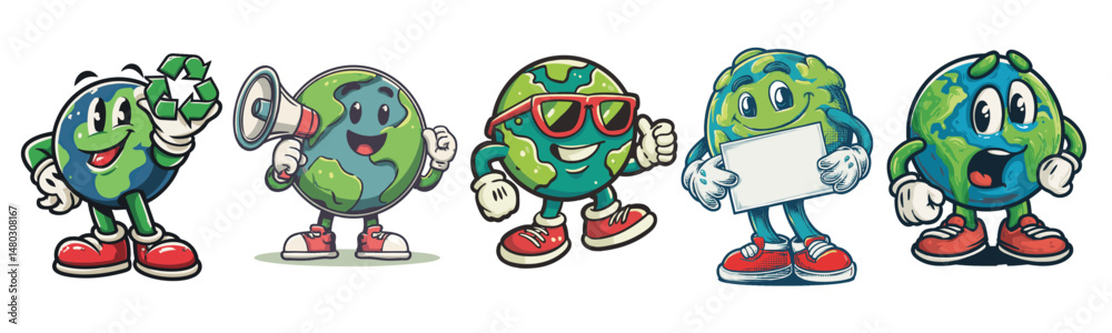 Obraz premium vintage retro style planet earth cartoon mascot character with expressive faces and gestures