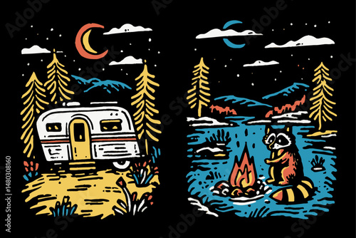 Vintage Camping Illustration with Raccoon and Retro Trailer Scene