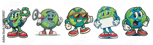 vintage retro style planet earth cartoon mascot character with expressive faces and gestures