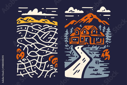 Abstract Nature Illustration with House and Landscape Elements