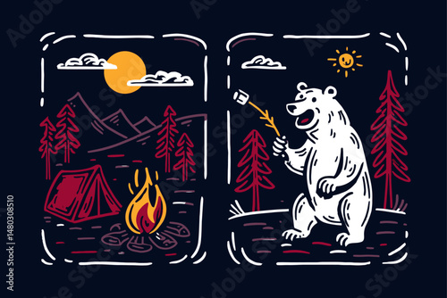 Camping Adventure Bear with Fire and Tent Hand-Drawn Illustration