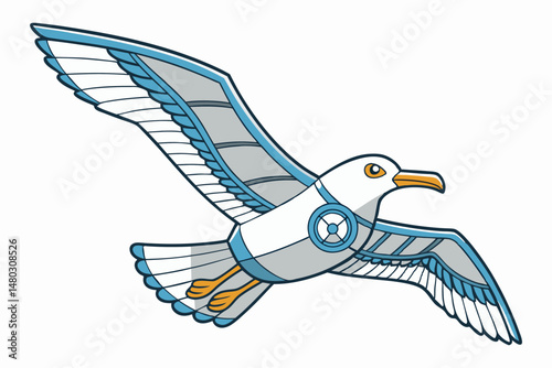 Steampunk seagull in flight, a whimsical cartoon design.