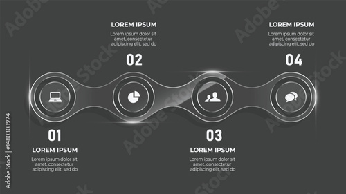 3D Glass Effect Business Infographic Template with 4-Step Process, Timeline, and Chain Design for Web & Presentation