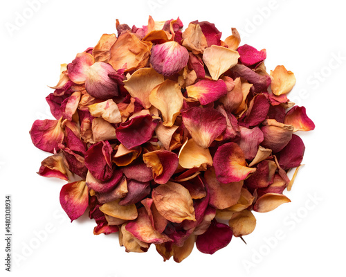 dried rose petals top view isolated on a white background. PNG Transparent file type with high definition quality Available.