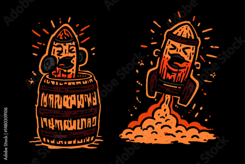 Funny Illustration of Character in Barrel and Rocket Launching Up