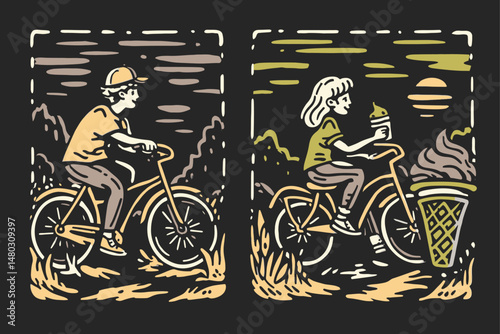 Kids Riding Bicycles Enjoying Ice Cream in Vintage Style Illustration