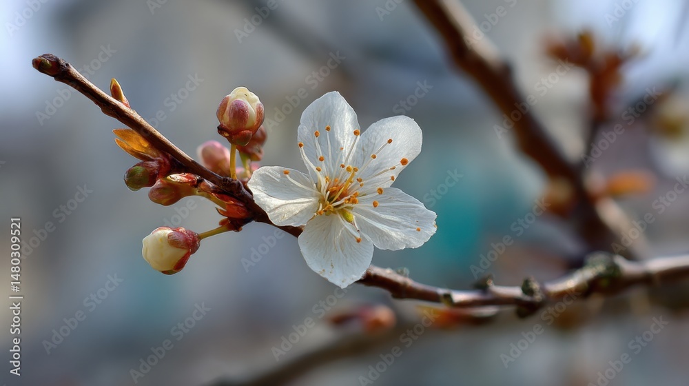Close-up of White Plum Blossom and Buds on Branch in Springtime Sunlight; Macro Shot of Blooming Tree in Garden Close-up of White Plum Blossom and Buds on Branch in Springtime Sunlight; Macro Shot of Blooming Tree in Garden