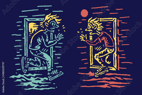 Intriguing Illustration of Characters Exiting and Entering Doors