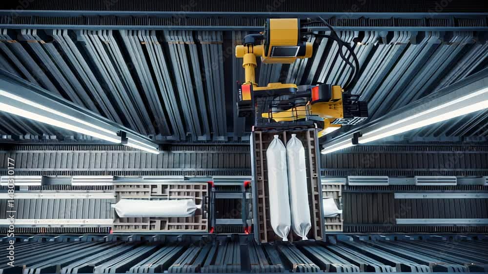 Automated robotic arm in high-tech warehouse moving industrial containers, modern manufacturing logistics, advanced storage technology, efficiency innovation, supply chain automation, engineering, com