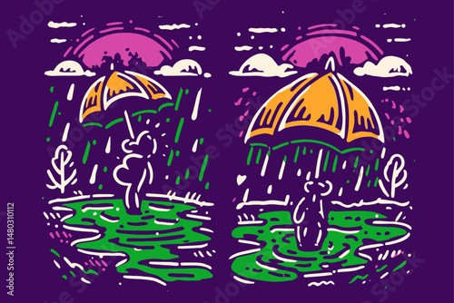 Playful Illustration of a Bear with Umbrella Under Rainy Sky
