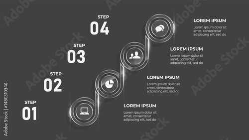 3D Glass Effect Business Infographic Template with 4-Step Process, Timeline, and Circular Design for Web & Print