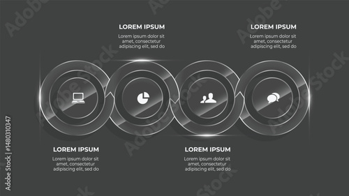 3D Glass Business Infographic Template with 4-Step Process, Timeline, and Flat Design for Web & Print Presentation