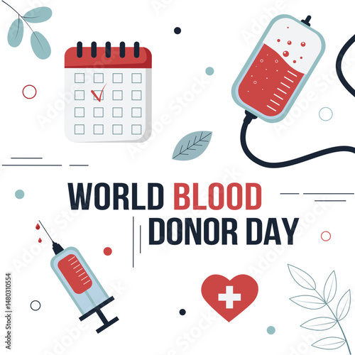 World Blood Donor Day banner. Blood drops and heart. Vector flat illustration on white background.