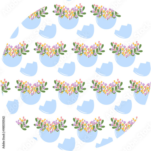 Cracked eggshell with colorful floral bouquet inside Seamless Pattern on Circle Transparent Backdrop