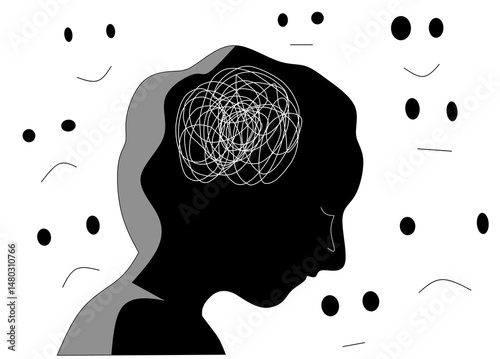 This conceptual illustration depicts a dark silhouette of a human head with a chaotic tangle of lines inside, representing confused or troubled thoughts