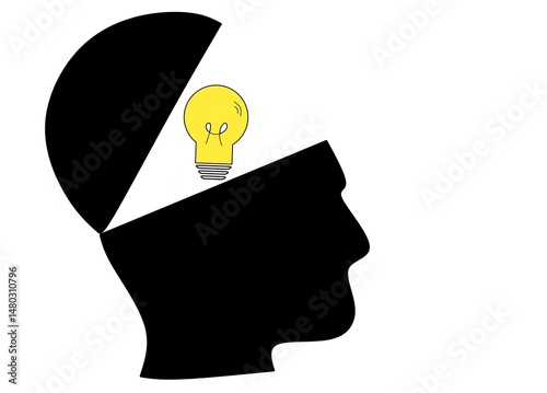 A stark silhouette of a human head is depicted with the top portion open, revealing a bright yellow light bulb inside