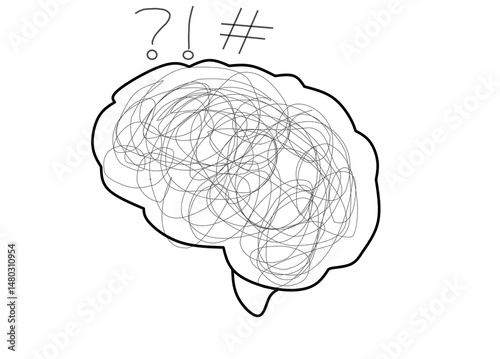 A conceptual black and white line drawing illustrating a brain filled with tangled, chaotic lines, symbolizing confusion, stress, overthinking, or mental clutter