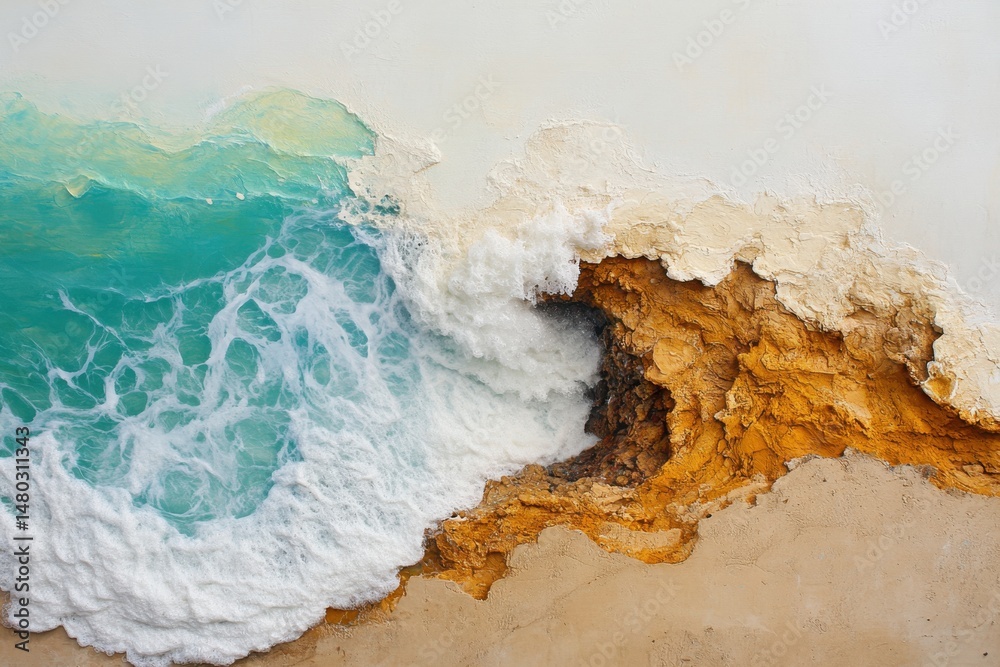 Obraz premium Ocean wave crashing on a sandy beach aerial view