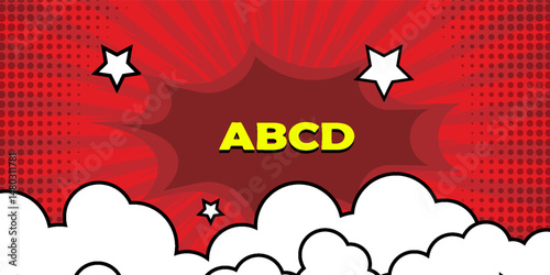 Pop art comic background with cloud and star. Cartoon Vector Illustration on RED