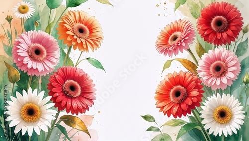 Colorful gerberas and daisies are a floral background with an empty space for text.