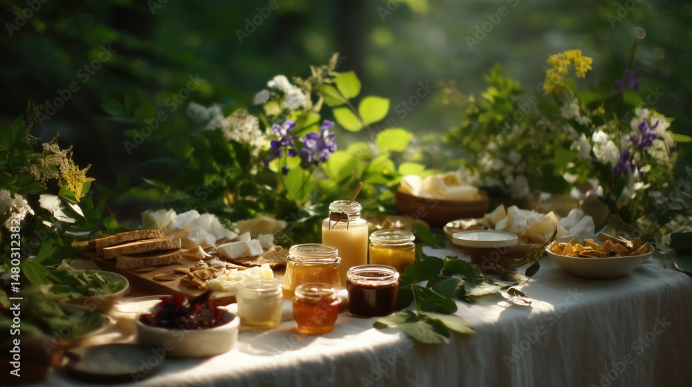 Fototapeta premium Sunlit Garden Picnic with Cheese and Honey