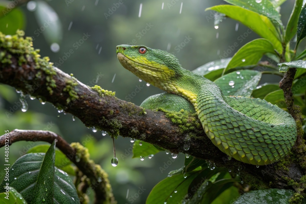 Obraz premium Bush viper resting on branch covered in dew tropical rainforest wildlife photography lush green environment close-up view vibrant scales and nature's beauty