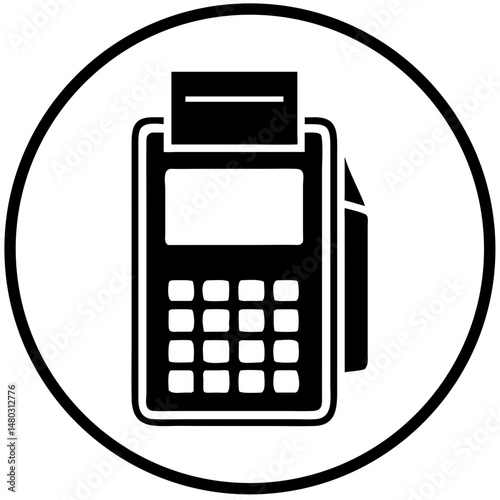 POS terminal icon in circle for fintech illustrations, retail payment guides, ecommerce presentations and cashless shopping blogs

