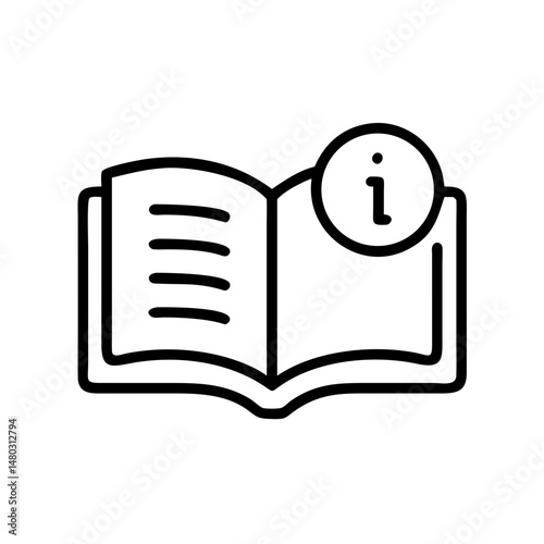 Open book with info icon for instruction manuals, educational platforms, UI design elements and tutorial illustrations

