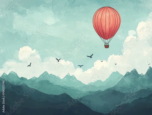 Colorful Hot Air Balloon Floating Over Majestic Mountain Landscape