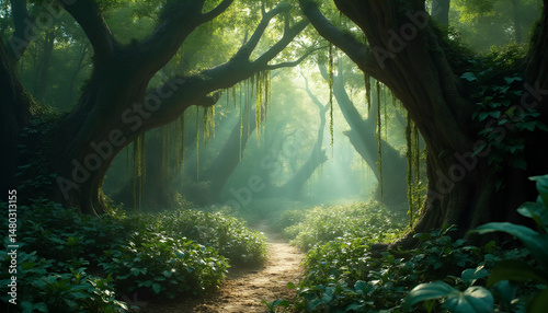 Enchanted Forest Pathway with Sunlight Filtering Through Trees