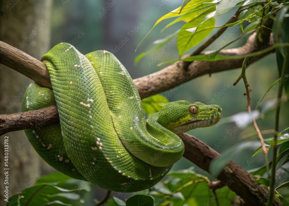 Naklejka premium Realistic image of a green tree python coiled around a branch in a lush tropical forest environment high detail macro view
