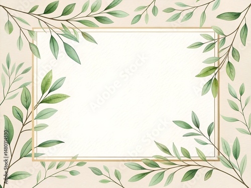 Minimalistic botanical frame design with thin green branches and leaves around the edges, centered white space, soft natural tones, isolated on light beige background, perfect for invitation or card d