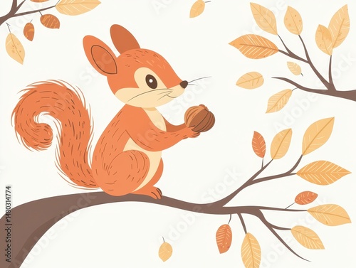 Cute Squirrel Sitting on Branch with Autumn Leaves and Nut