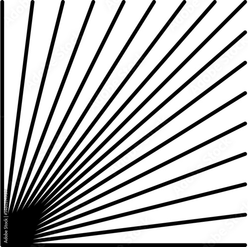 Radial lines, radiating, abstract element lines for explosion, burst, spread theme. Grunge spray paint. Isolated black lines. Modern textured shapes. Dry border in black. Raised lines