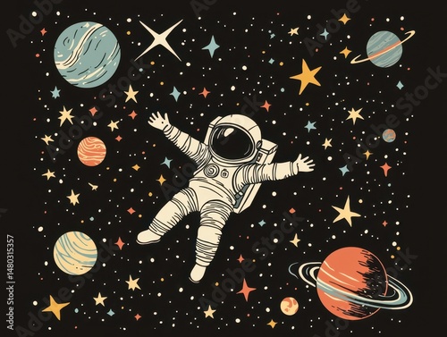 Astronaut Floating in Space Surrounded by Colorful Planets and Stars