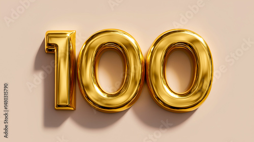 Golden metallic 3D number 100 displayed in a modern design setting